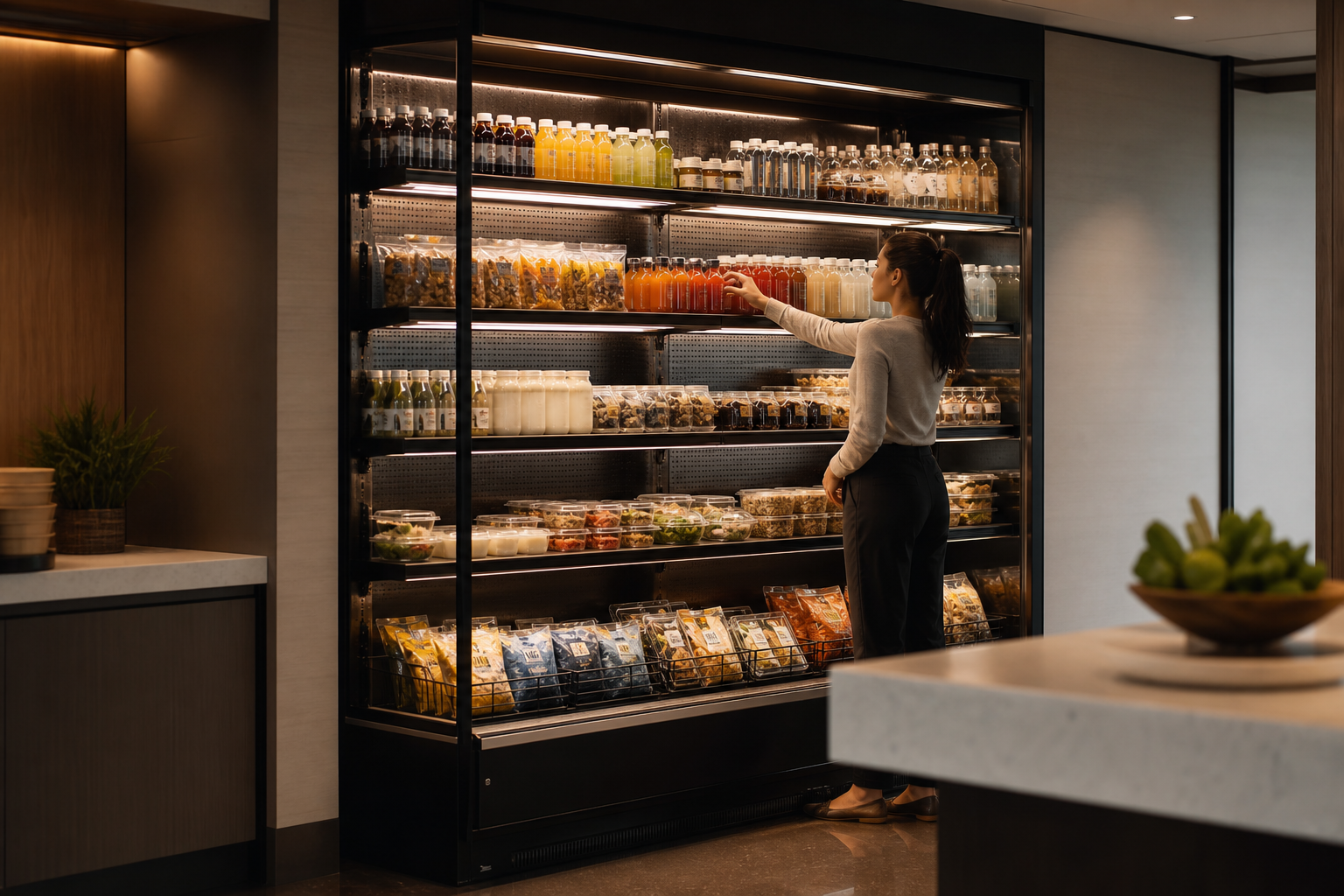 Employee selecting a drink from a stocked workplace micro-market
