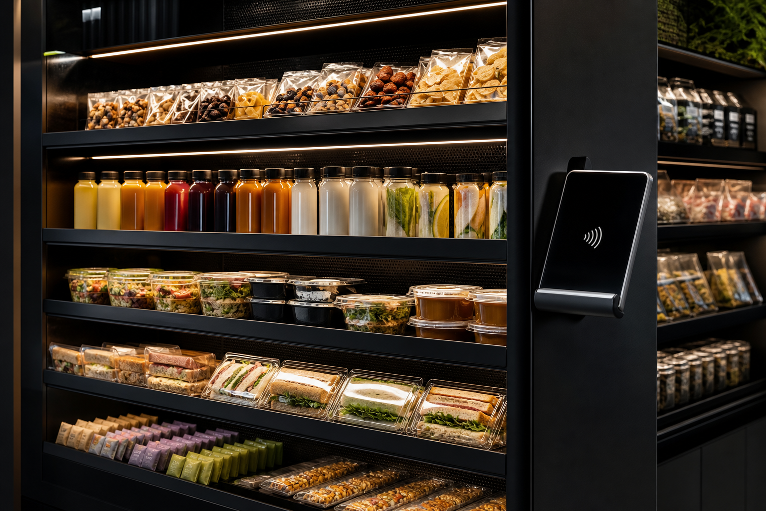 Premium micro-market shelves stocked with snacks, cold drinks, protein options, and quick meals
