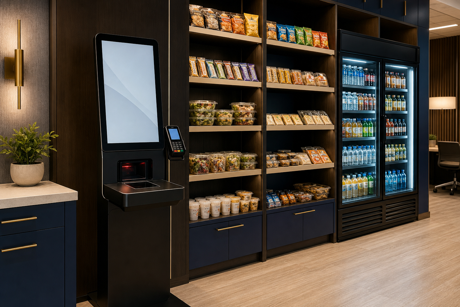 Unbranded smart market setup with kiosk, shelves, coolers, snacks, drinks, and grab-and-go meals
